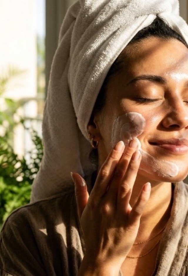 Femme appliquant une crème visage dans une routine anti-acné